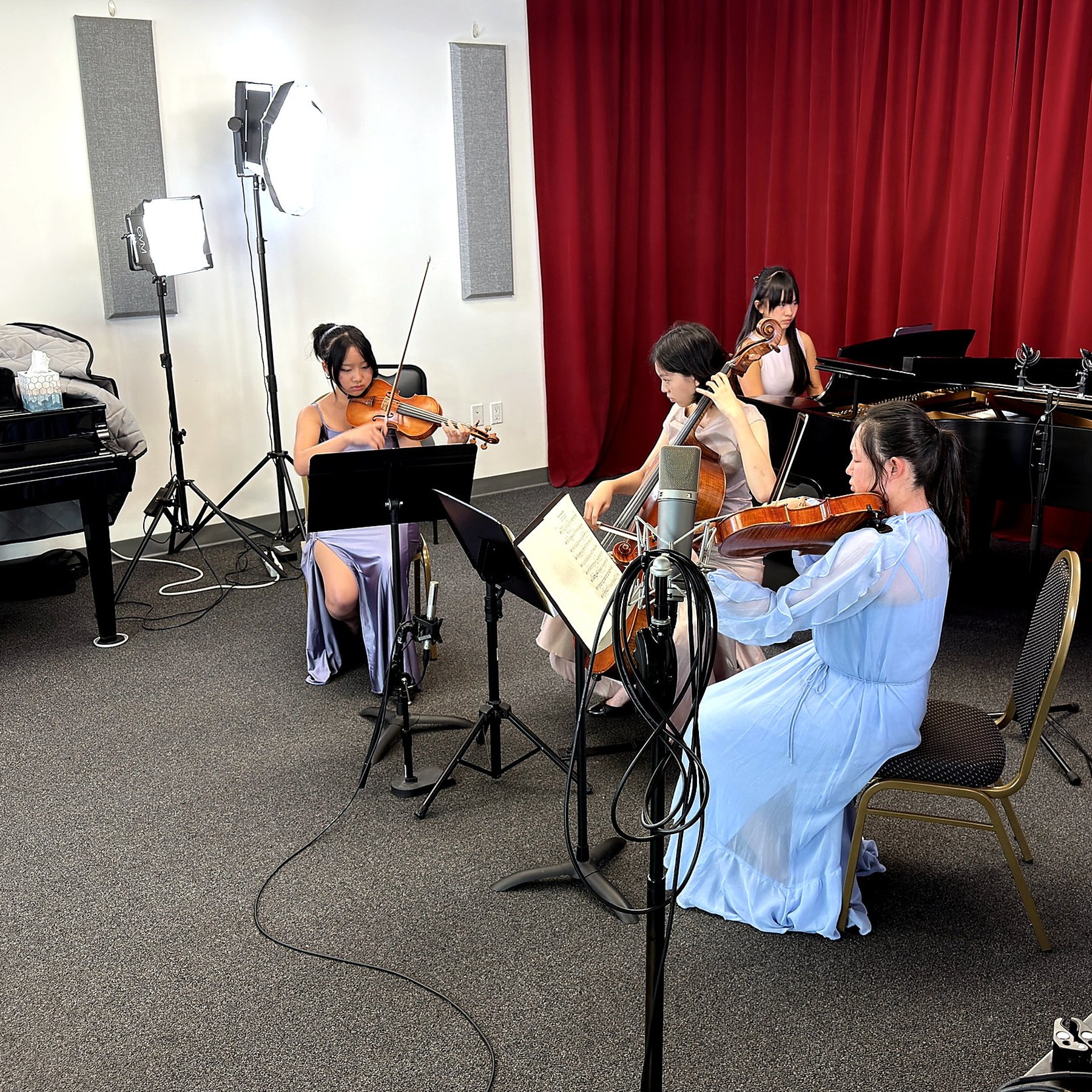String players and piano during a chamber music recording session