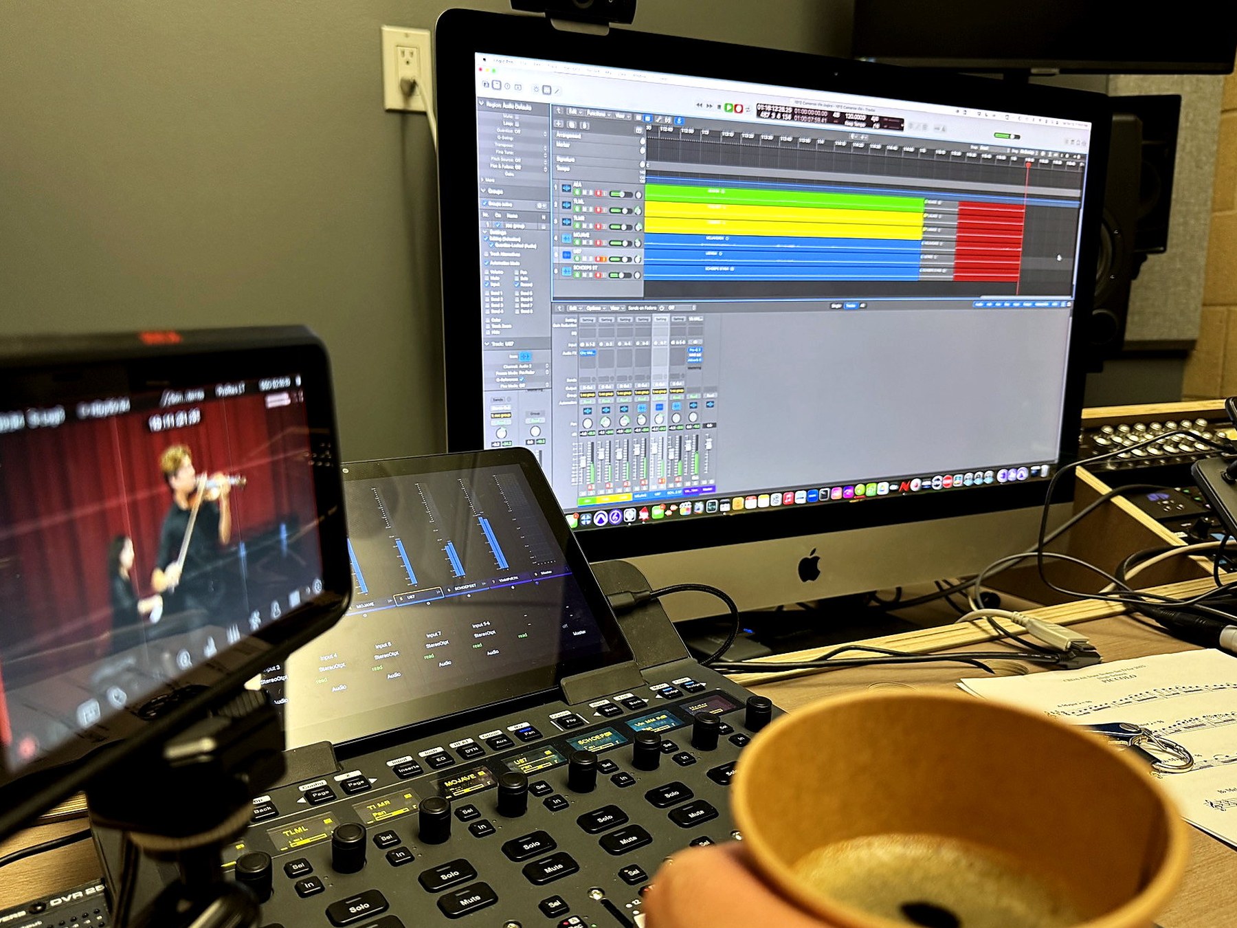 Digital audio workstation and video monitor in the Mezo Records control room