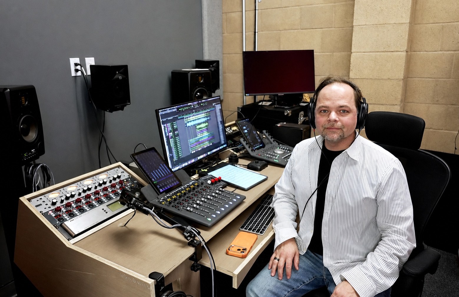 Engineer seated at the Mezo Records control room desk